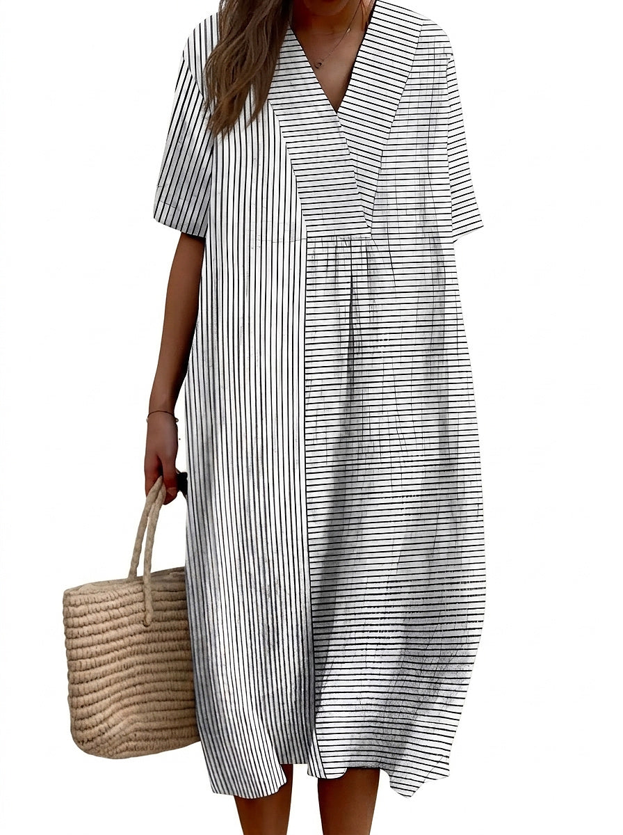 Gestreiftes Midi-Hemdkleid mit V-Ausschnitt für Damen-Midi Dress-Alpenkind