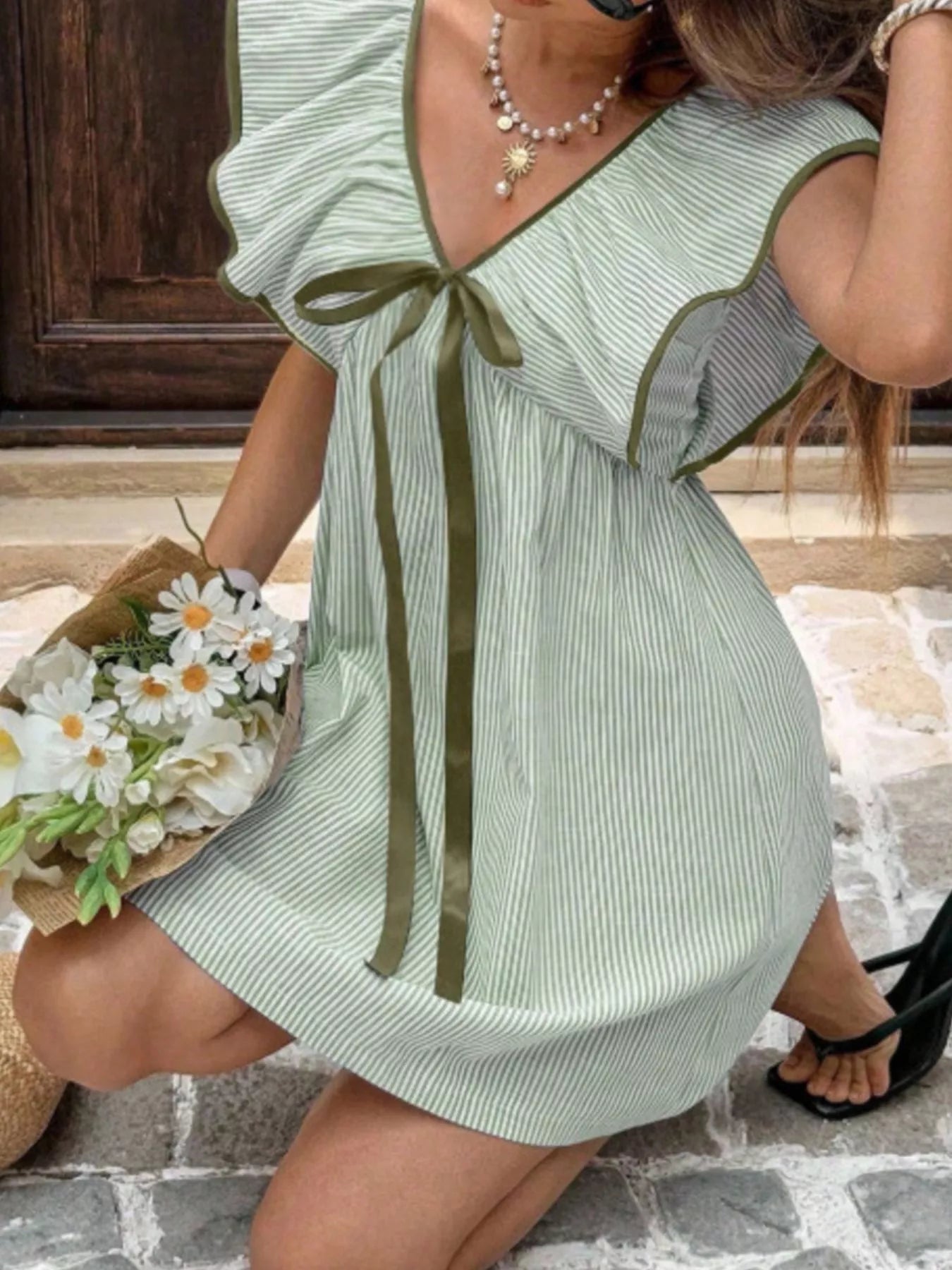 Gestreiftes Mini-Kleid für Damen mit Rüschenärmeln-Mini Dress-Alpenkind