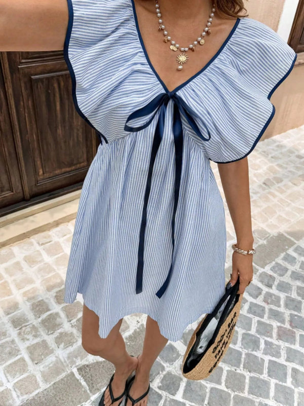 Gestreiftes Mini-Kleid für Damen mit Rüschenärmeln-Mini Dress-Alpenkind