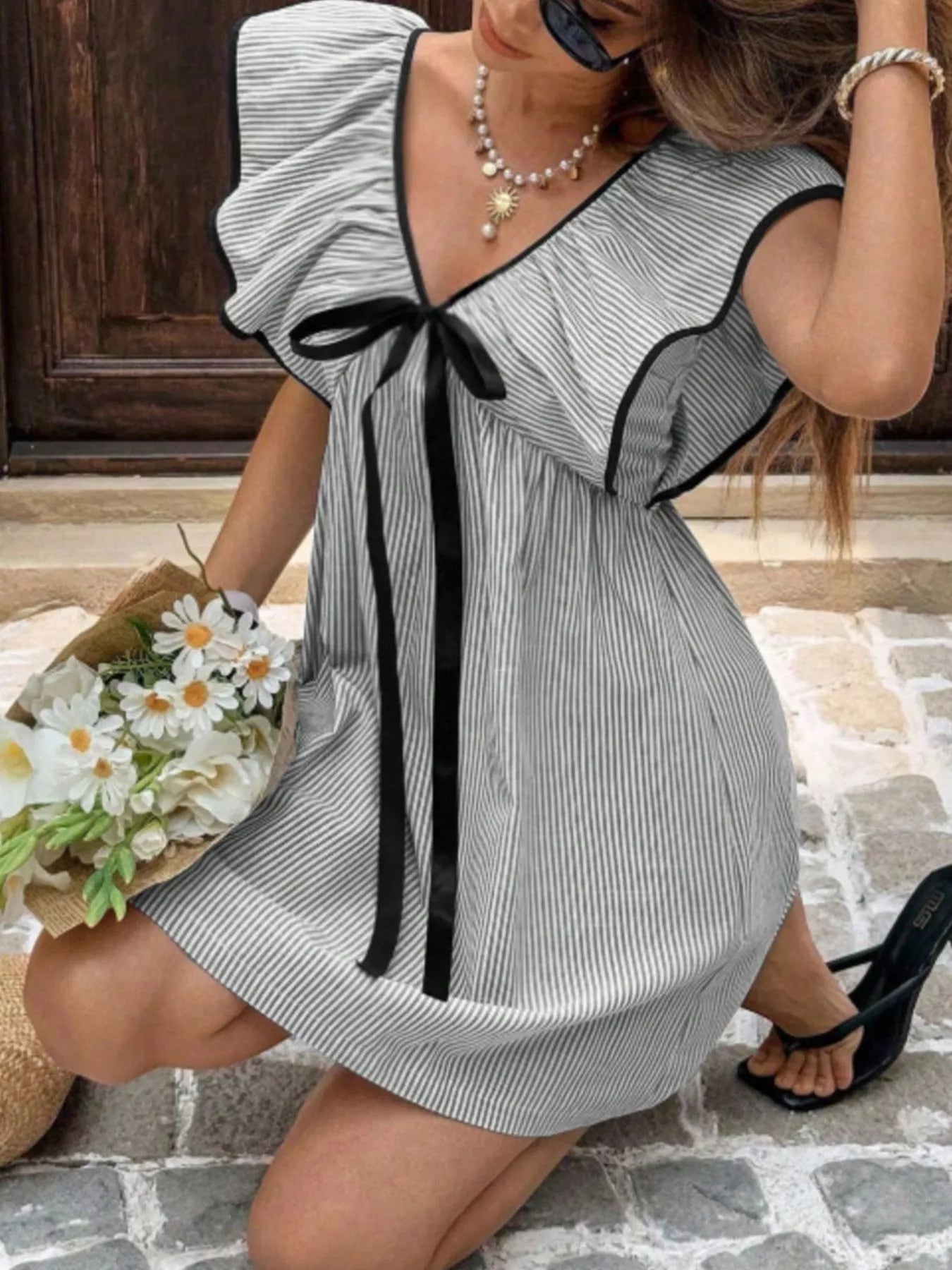 Gestreiftes Mini-Kleid für Damen mit Rüschenärmeln-Mini Dress-Alpenkind