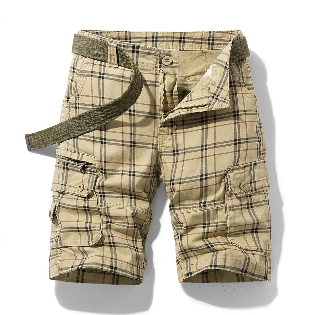 Herren Cargo Shorts mit Karomuster und Gürtel und Beintaschen-Shorts for men-Alpenkind