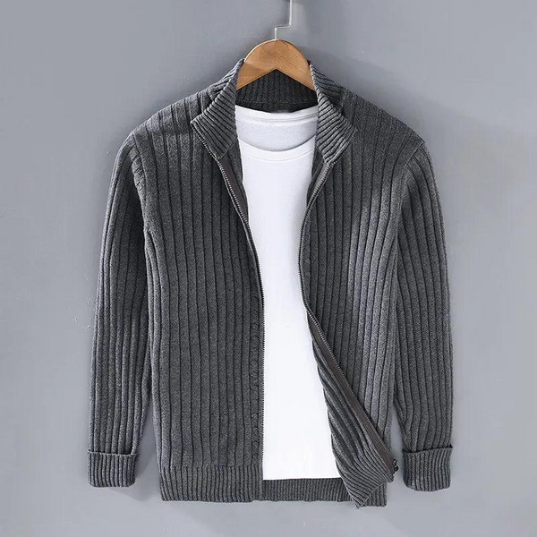 Herren Gerippte Strickjacke mit Reißverschluss und Stehkragen-Men Sweaters-Alpenkind