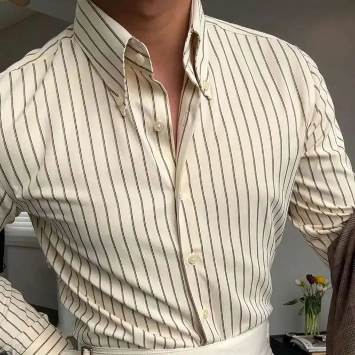Herren Hemd mit Button-Down-Kragen, langen Ärmeln und Streifenmuster-Shirts for men-Alpenkind