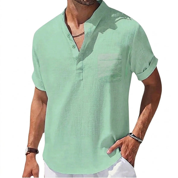 Herren Henley Hemd mit Kurzarm und Stehkragen und Brusttasche-Shirts for men-Alpenkind