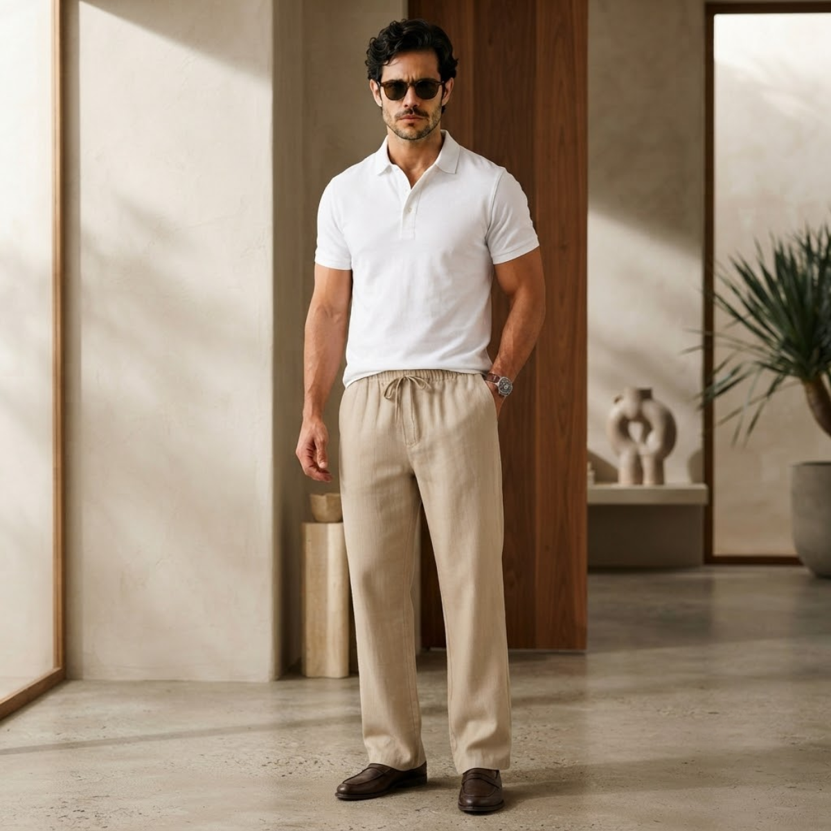 Herren-Hose mit weitem Bein aus Leinenmischgewebe-Pants for Men-Alpenkind