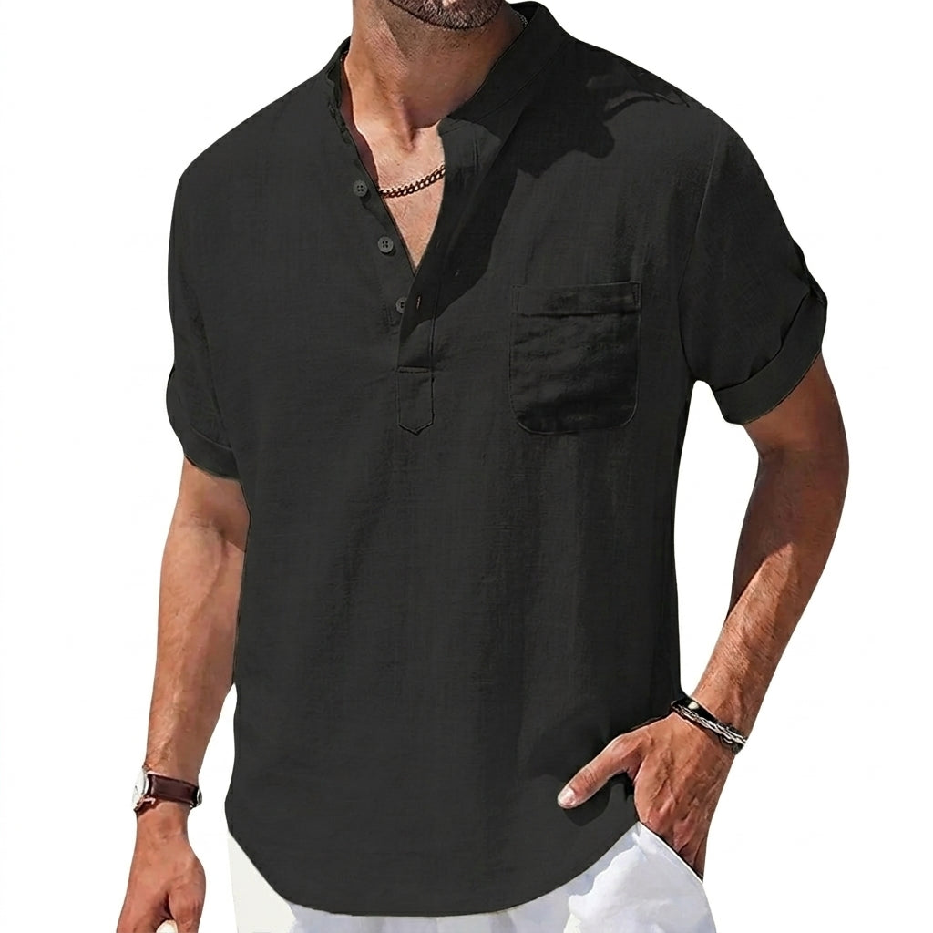 Herren Kurzarm Henley Hemd mit Stehkragen und Brusttasche-Shirts for men-Alpenkind