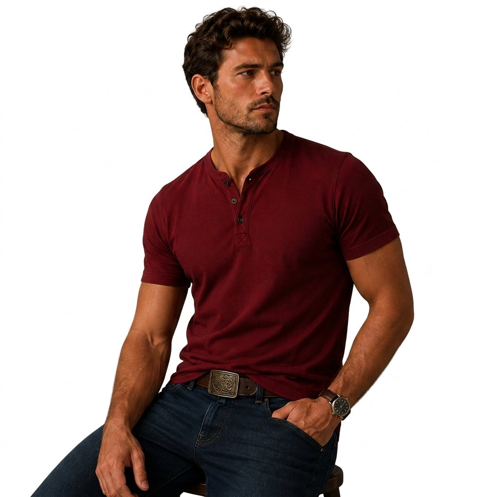 Herren Kurzarm Oberteil mit Drei Knopf Leiste-T-shirt for men-Alpenkind