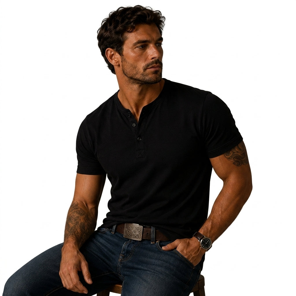 Herren Kurzarm Oberteil mit Drei Knopf Leiste-T-shirt for men-Alpenkind