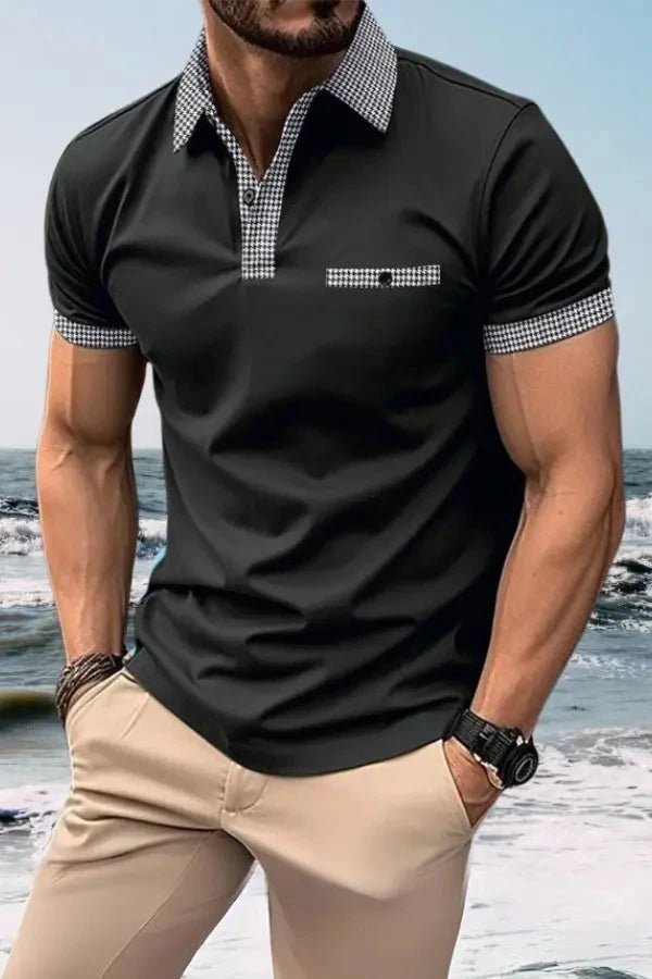 Herren-Kurzarm-Poloshirt mit gemustertem Besatz-Shirts for men-Alpenkind