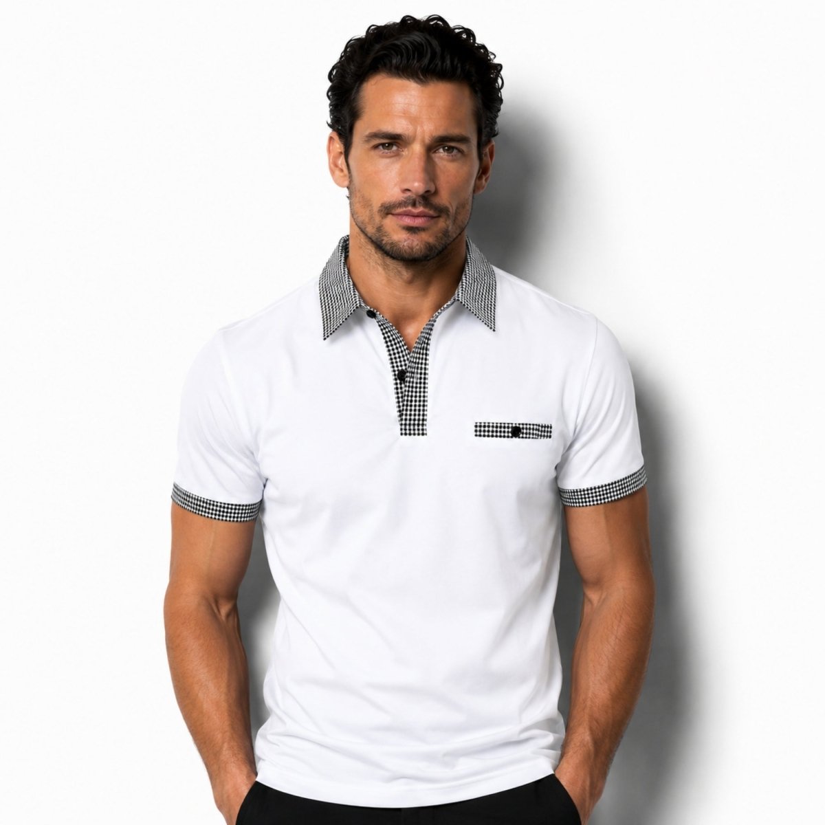 Herren-Kurzarm-Poloshirt mit gemustertem Besatz-Shirts for men-Alpenkind