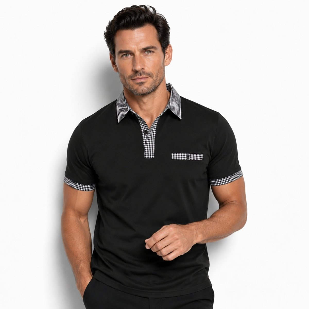 Herren-Kurzarm-Poloshirt mit gemustertem Besatz-Shirts for men-Alpenkind
