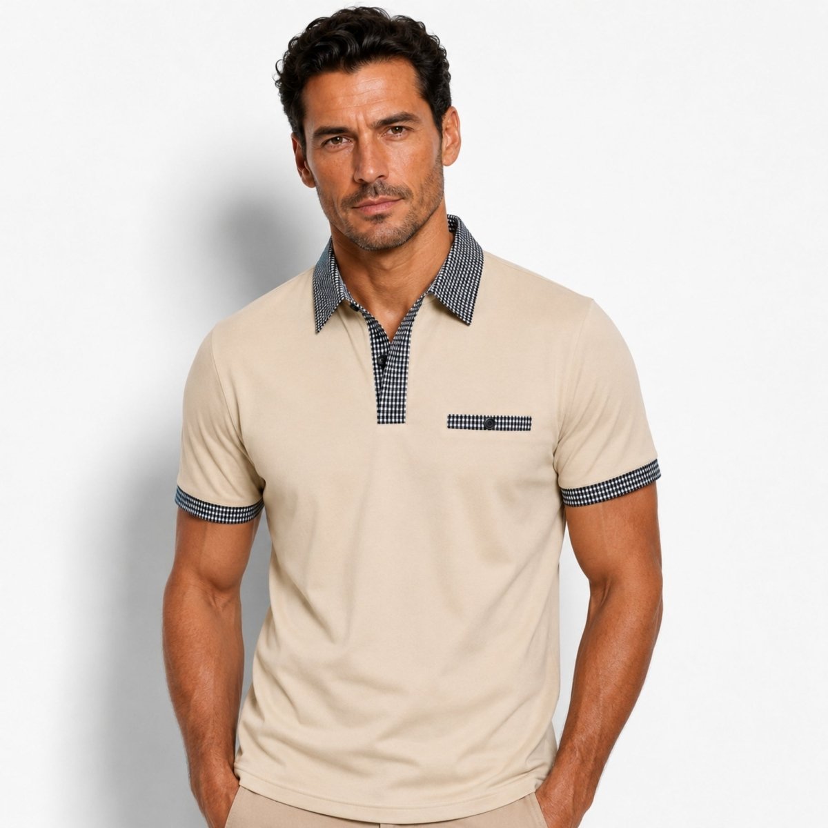 Herren-Kurzarm-Poloshirt mit gemustertem Besatz-Shirts for men-Alpenkind