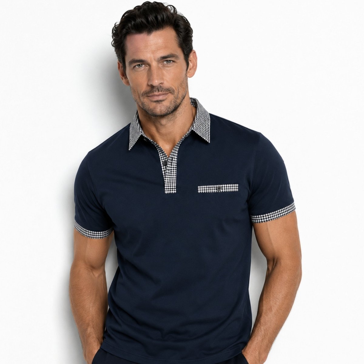 Herren-Kurzarm-Poloshirt mit gemustertem Besatz-Shirts for men-Alpenkind