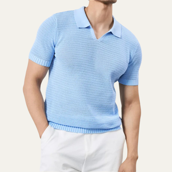 Herren Kurzarm Strick Polohemd mit offenem Kragen und Rippabschlüssen-Shirts for men-Alpenkind