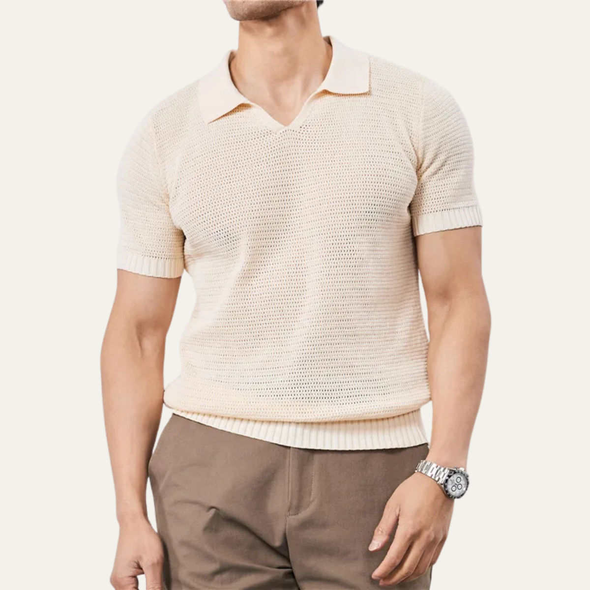 Herren Kurzarm Strick Polohemd mit offenem Kragen und Rippabschlüssen-Shirts for men-Alpenkind