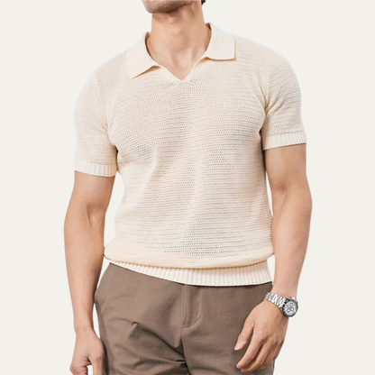 Herren Kurzarm Strick Polohemd mit offenem Kragen und Rippabschlüssen-Shirts for men-Alpenkind