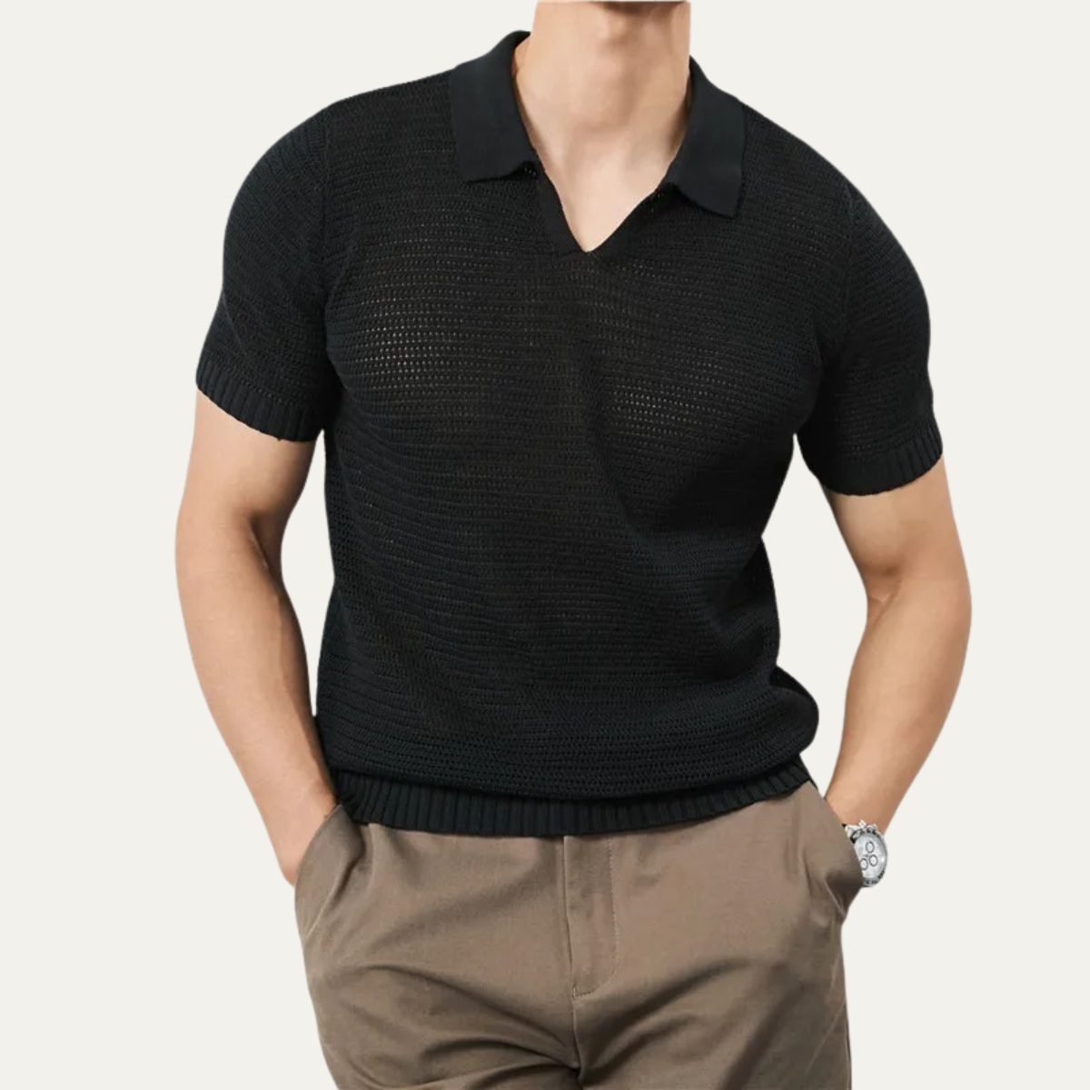 Herren Kurzarm Strick Polohemd mit offenem Kragen und Rippabschlüssen-Shirts for men-Alpenkind