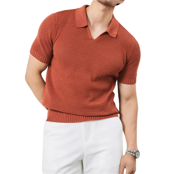 Herren Kurzarm Strick Polohemd mit offenem Kragen und Rippabschlüssen-Shirts for men-Alpenkind