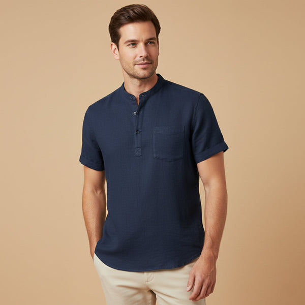 Herren-Kurzarmhemd mit Stehkragen, Knopfleiste und Brusttasche-Shirts for men-Alpenkind