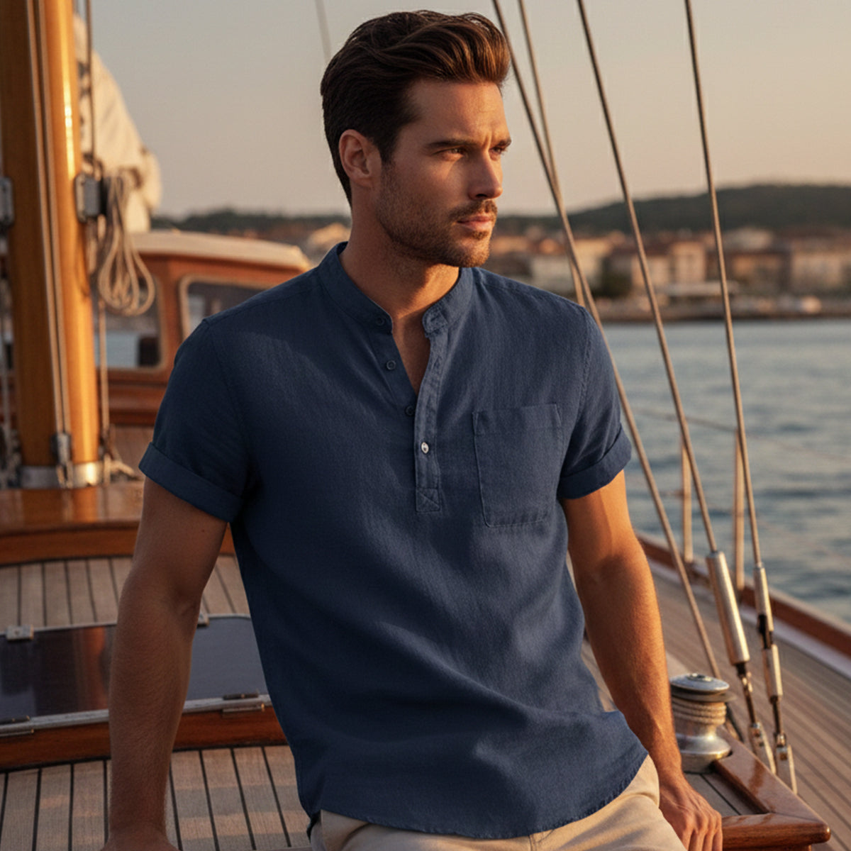 Herren-Kurzarmhemd mit Stehkragen, Knopfleiste und Brusttasche-Shirts for men-Alpenkind