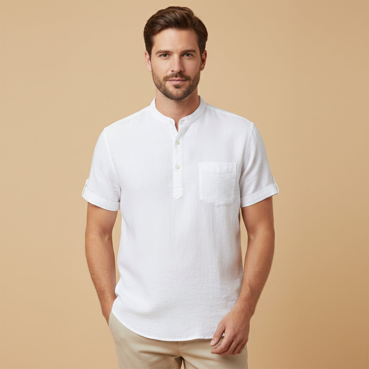 Herren-Kurzarmhemd mit Stehkragen, Knopfleiste und Brusttasche-Shirts for men-Alpenkind
