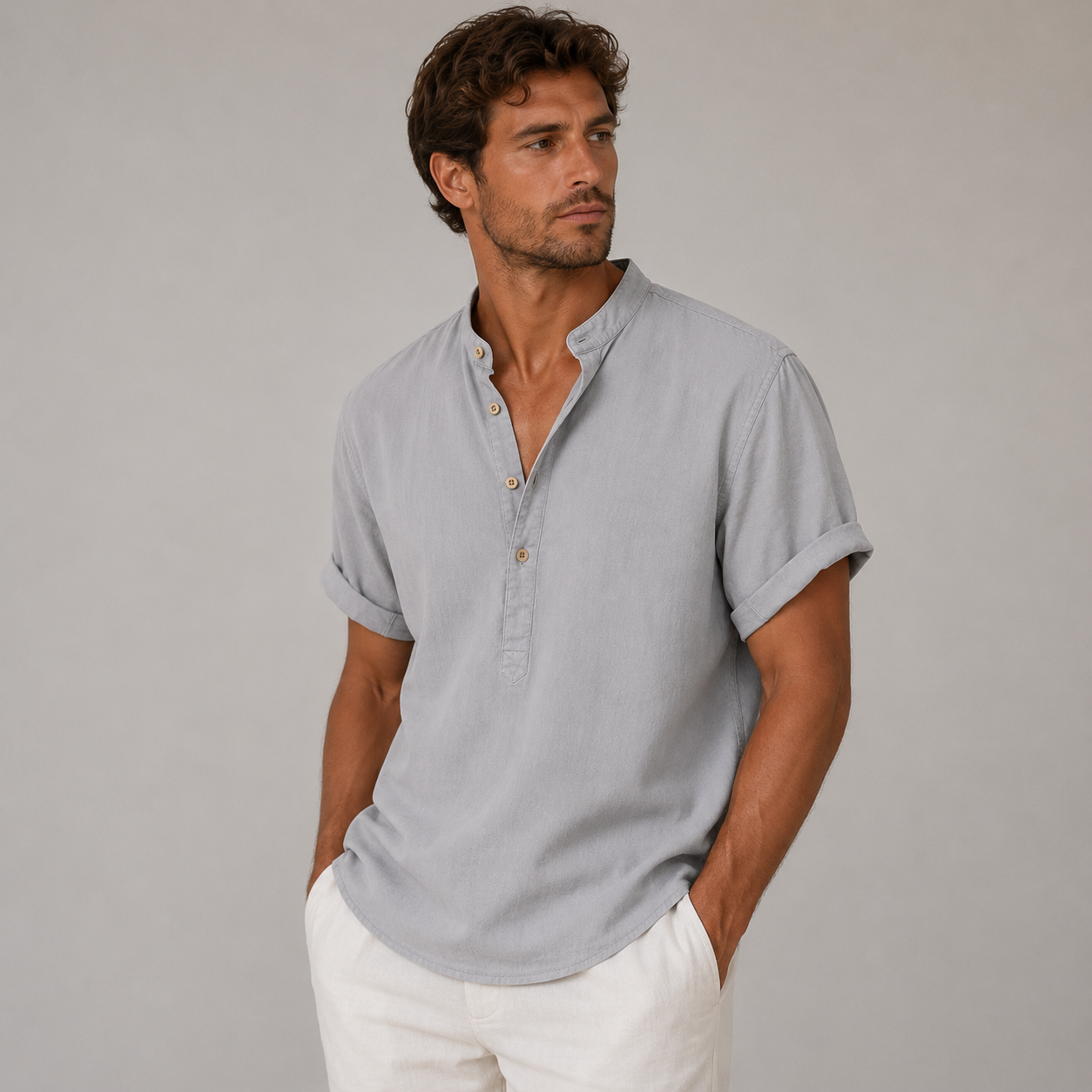 Herren Kurzarmhemd mit Stehkragen und halber Knopfleiste-Shirts for men-Alpenkind