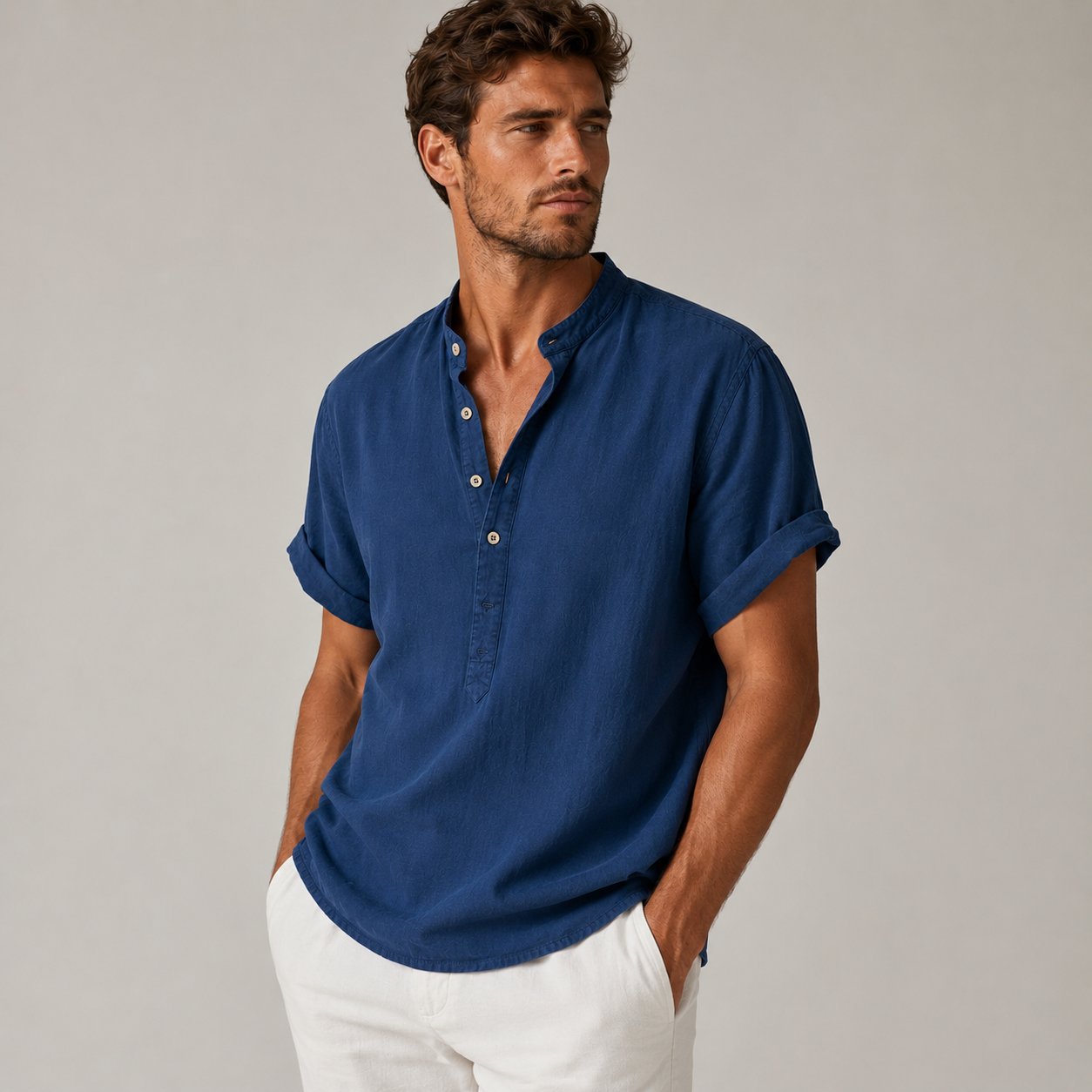 Herren Kurzarmhemd mit Stehkragen und halber Knopfleiste-Shirts for men-Alpenkind