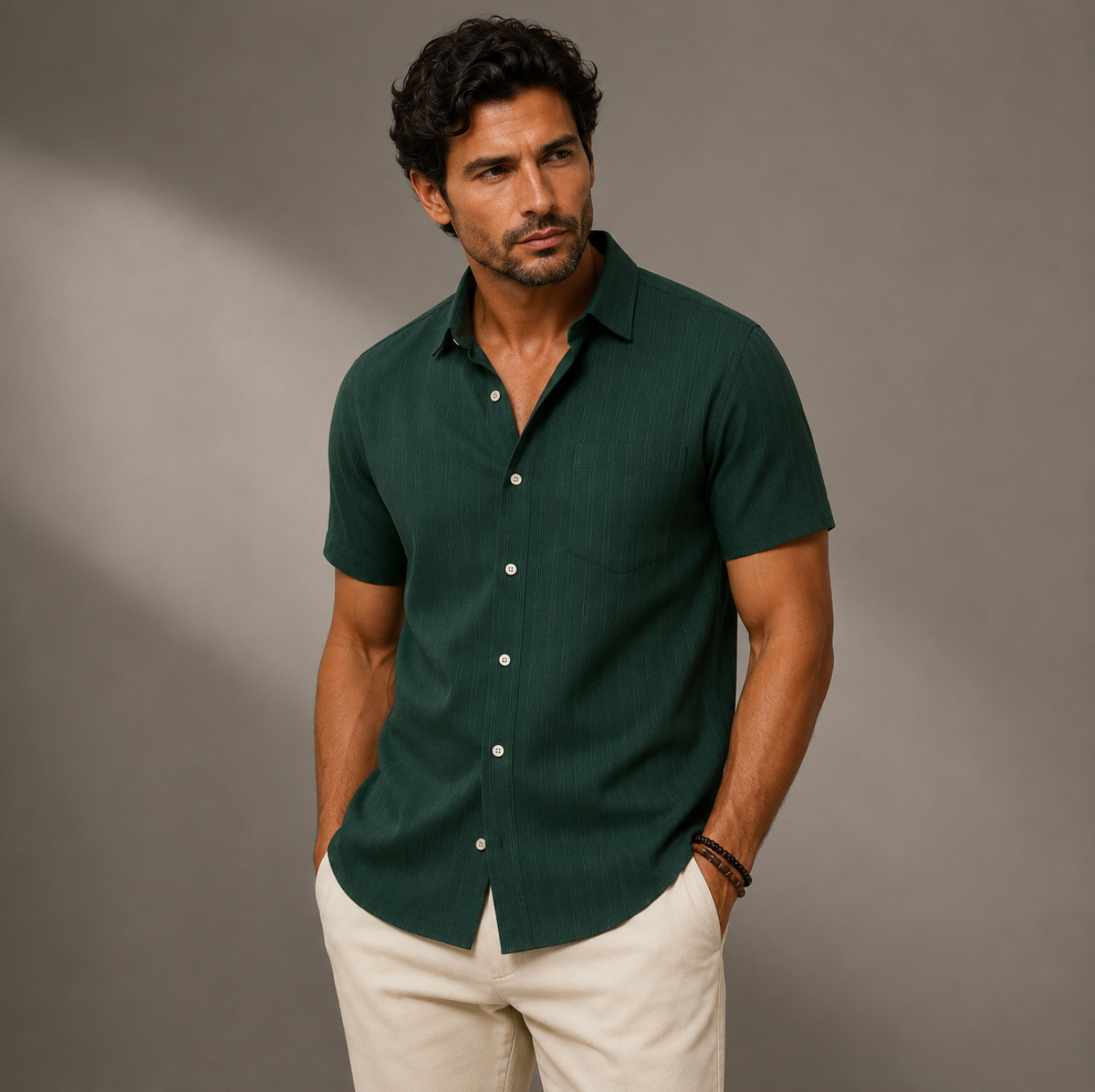 Herren Kurzarmhemd mit vertikaler Rippenstruktur und Brusttasche-Shirts for men-Alpenkind