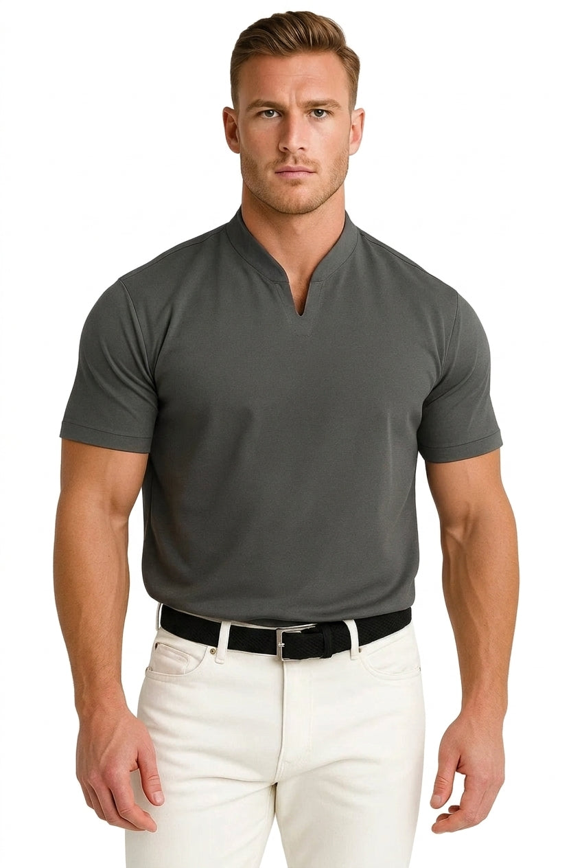Herren-Kurzarmshirt mit Split-Kragen und Rippbündchen-Shirts for men-Alpenkind