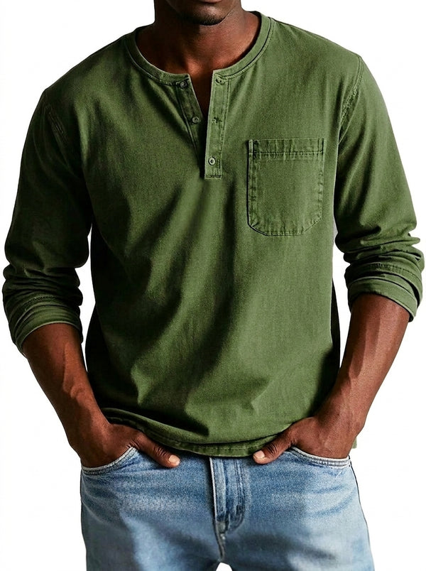Herren Langarm-Henleyshirt mit Knopfleiste und Brusttasche-Shirt for men-Alpenkind