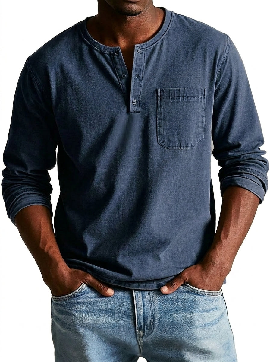 Herren Langarm-Henleyshirt mit Knopfleiste und Brusttasche-Shirt for men-Alpenkind