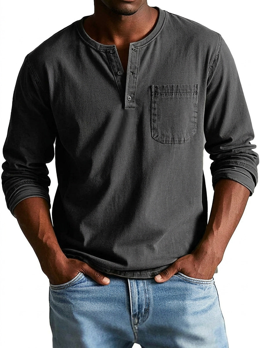 Herren Langarm-Henleyshirt mit Knopfleiste und Brusttasche-Shirt for men-Alpenkind