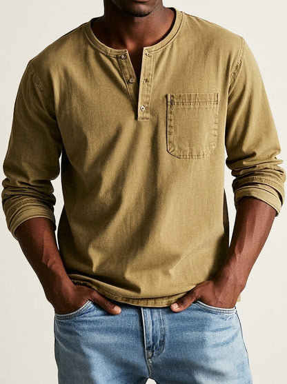 Herren Langarm-Henleyshirt mit Knopfleiste und Brusttasche-Shirt for men-Alpenkind