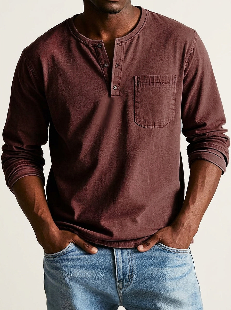 Herren Langarm-Henleyshirt mit Knopfleiste und Brusttasche-Shirt for men-Alpenkind