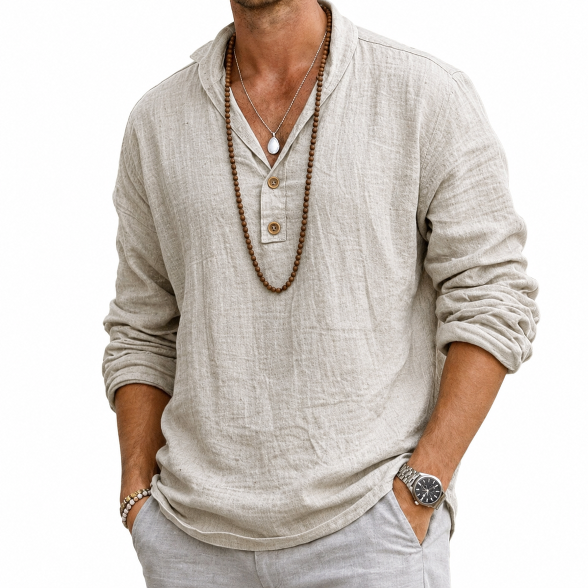 Herren-Langarmhemd mit Henley-Ausschnitt und Knopfleiste-Shirts for men-Alpenkind