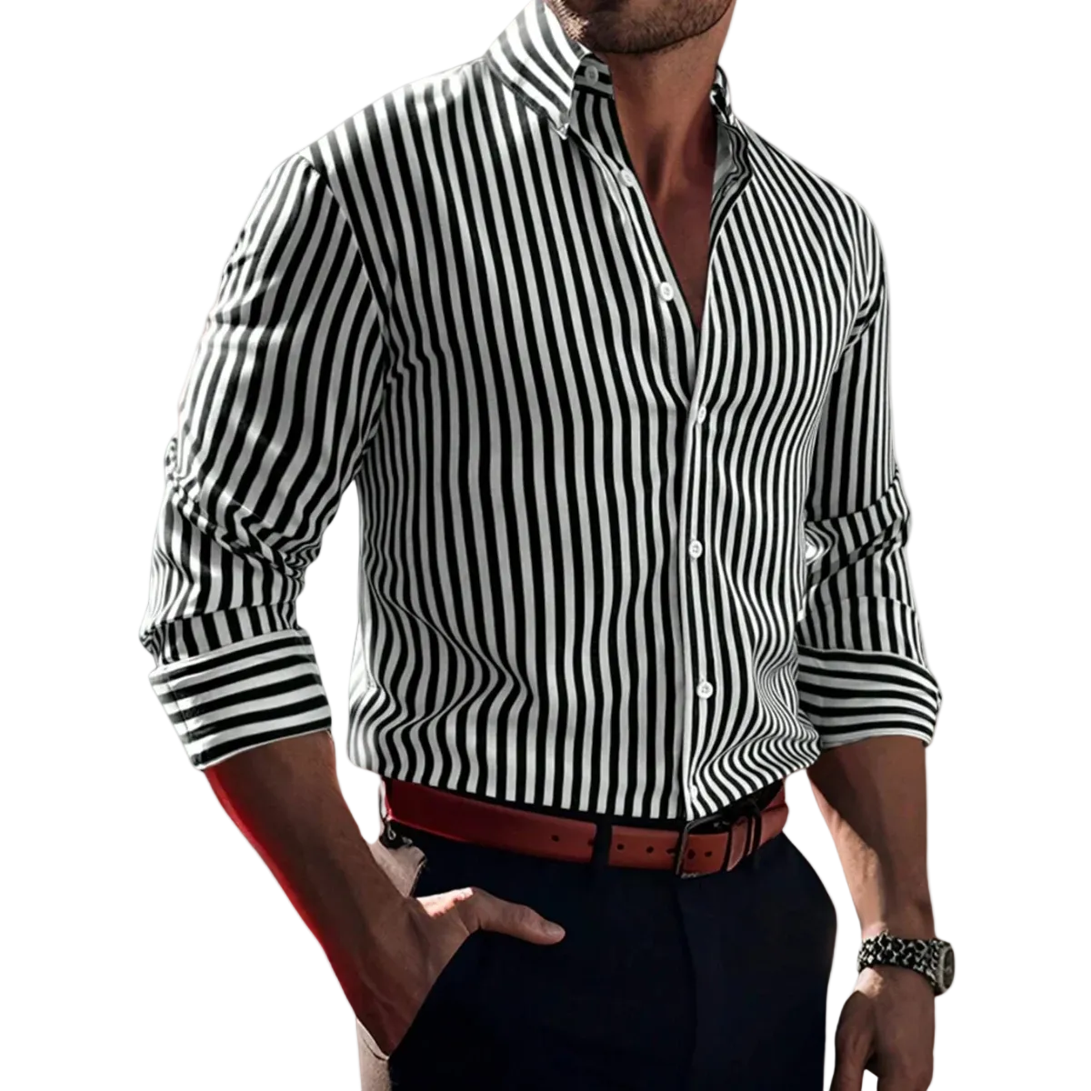 Herren Langarmhemd mit Streifenmuster und Knopfleiste