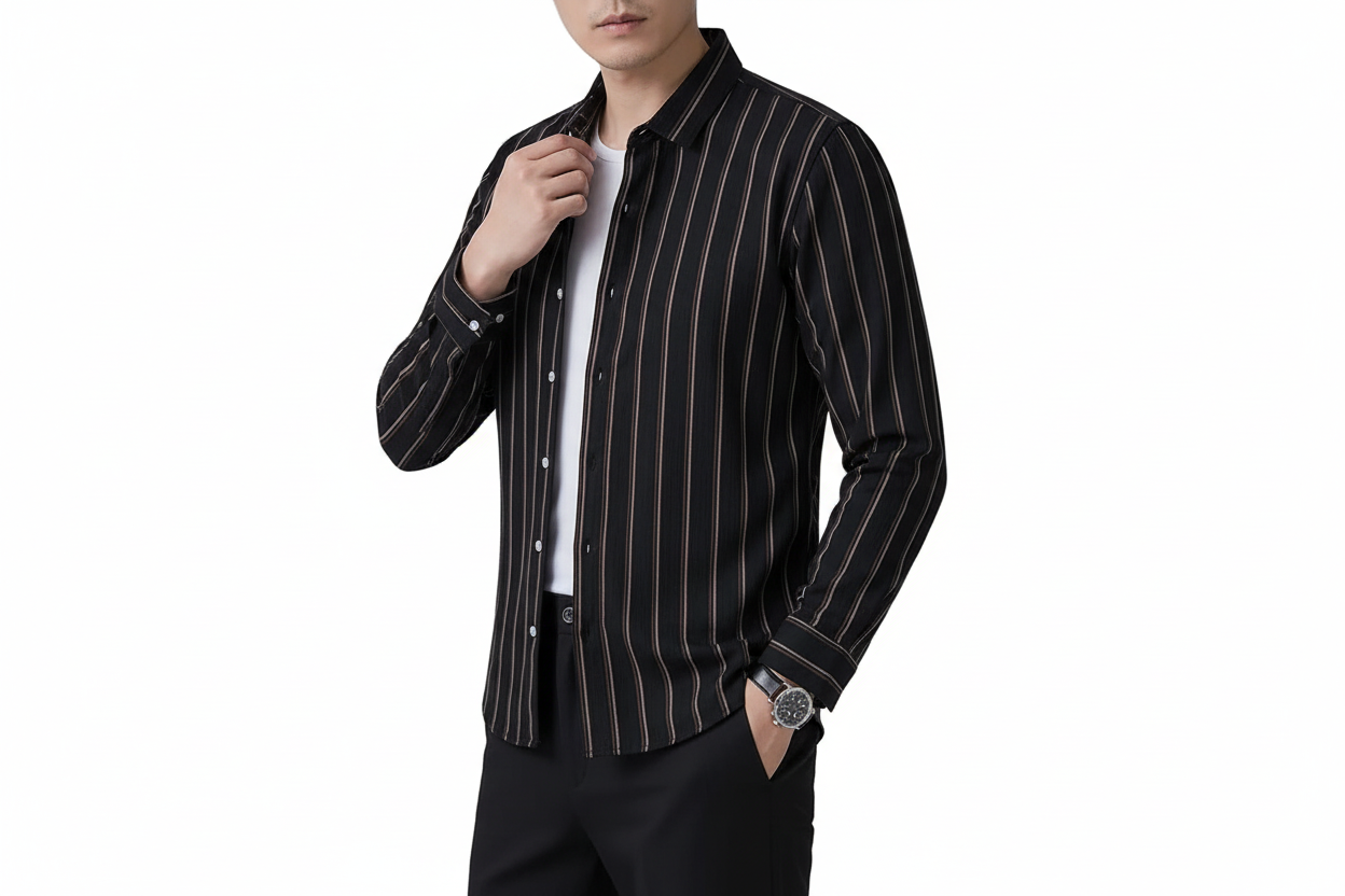 Herren-Langarmhemd mit vertikalem Streifenmuster und Knopfleiste-Shirts for men-Alpenkind