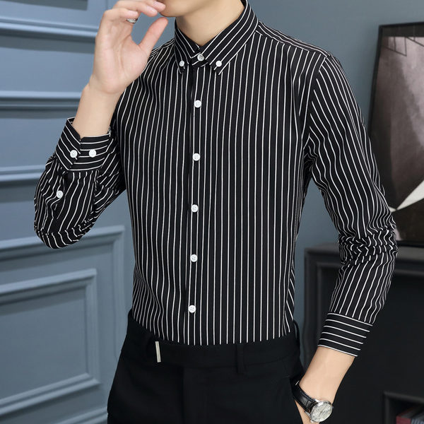 Herren-Langarmhemd mit vertikalem Streifenmuster und Knopfleiste-Shirts for men-Alpenkind