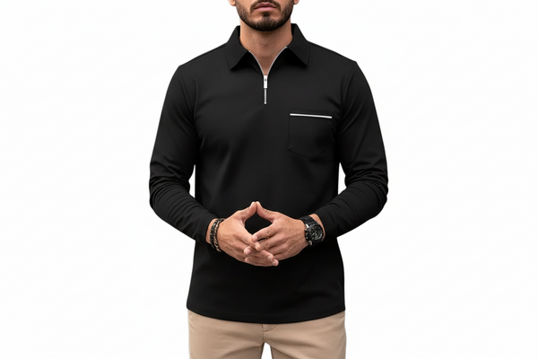 Herren Langarmshirt mit Kragen und halbem Reißverschluss-Men Sweaters-Alpenkind