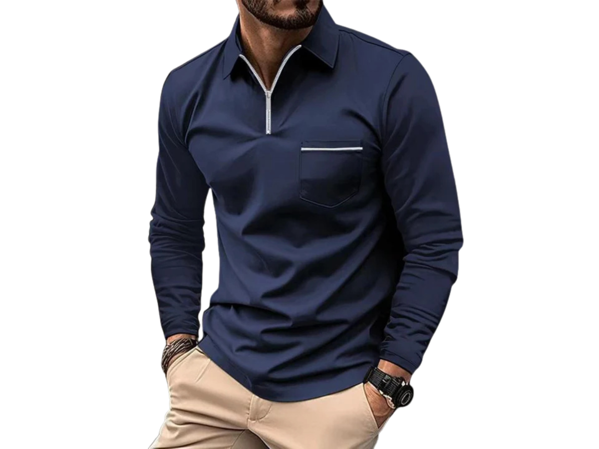 Herren Langarmshirt mit Kragen und halbem Reißverschluss-Men Sweaters-Alpenkind