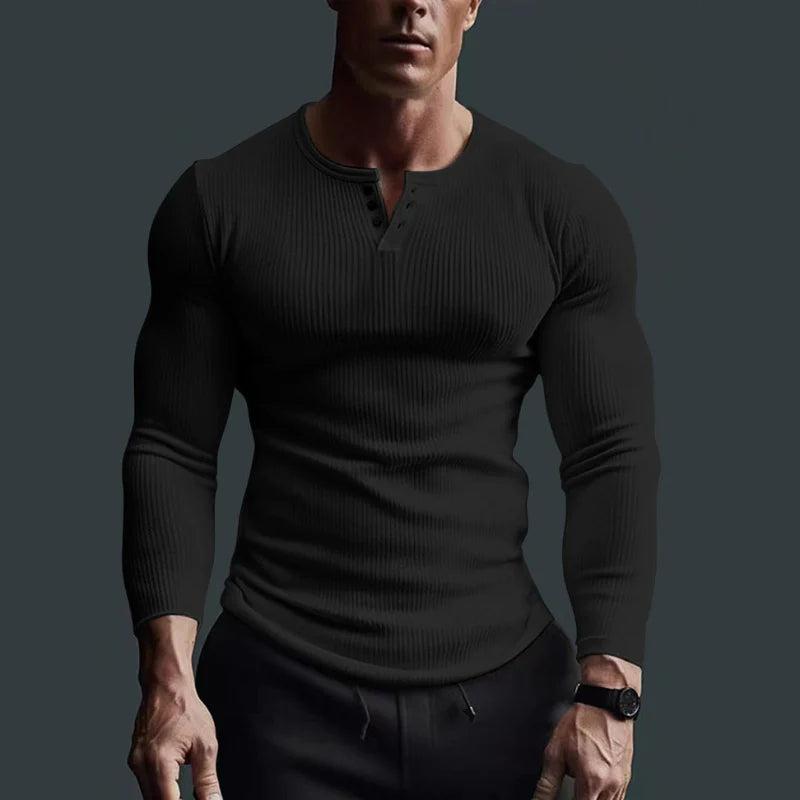 Herren Langarmshirt mit Rippstruktur und Knopfleiste-Men Tops-Alpenkind