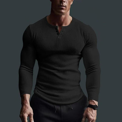 Herren Langarmshirt mit Rippstruktur und Knopfleiste-Men Tops-Alpenkind