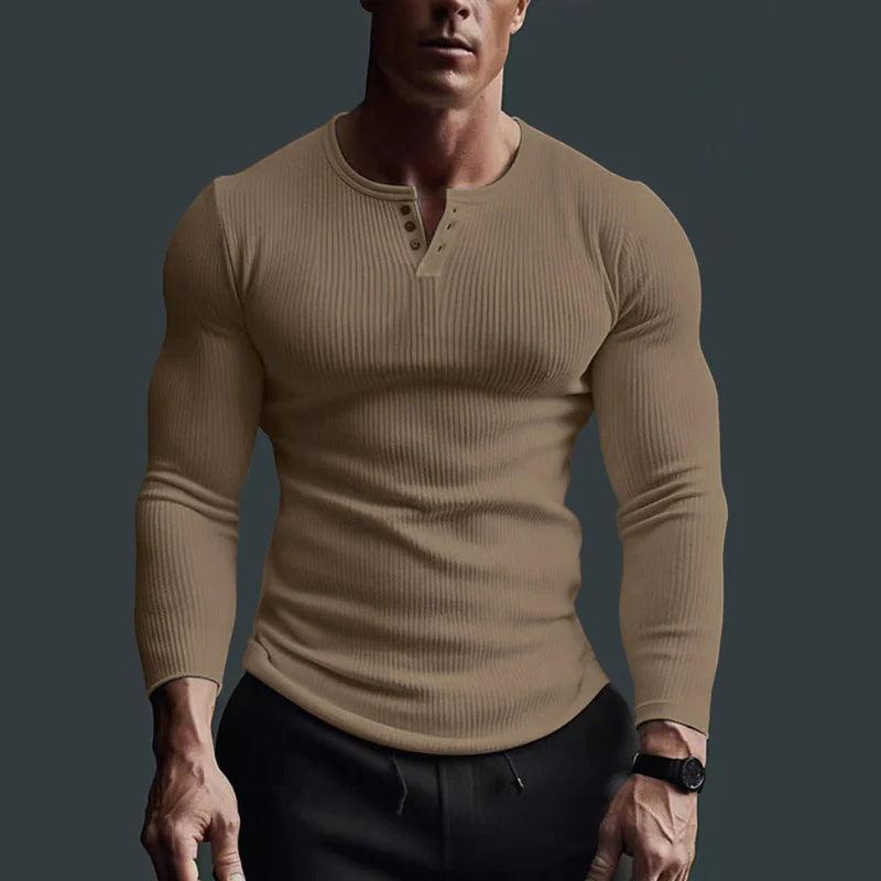 Herren Langarmshirt mit Rippstruktur und Knopfleiste-Men Tops-Alpenkind