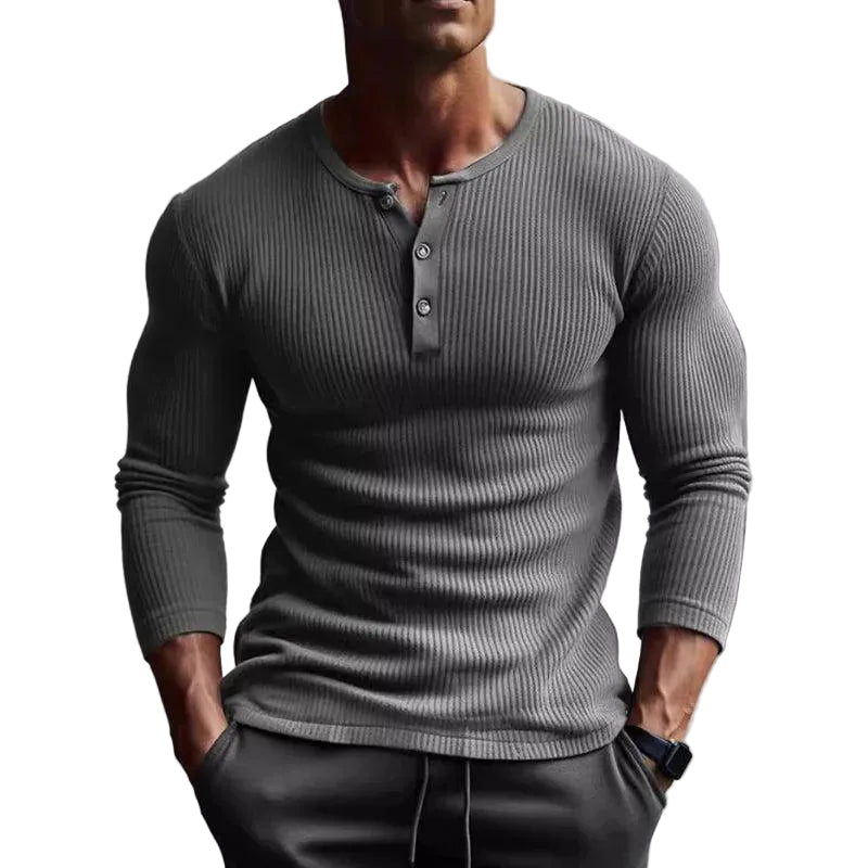 Herren Langarmshirt mit Rippstruktur und Knopfleiste-Men Tops-Alpenkind