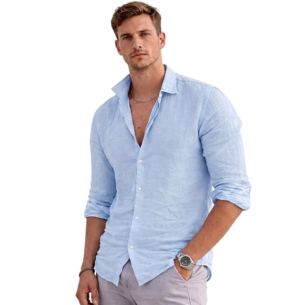 Herren-Leinenhemd mit Knopfleiste und Umlegekragen-Shirt for men-Alpenkind