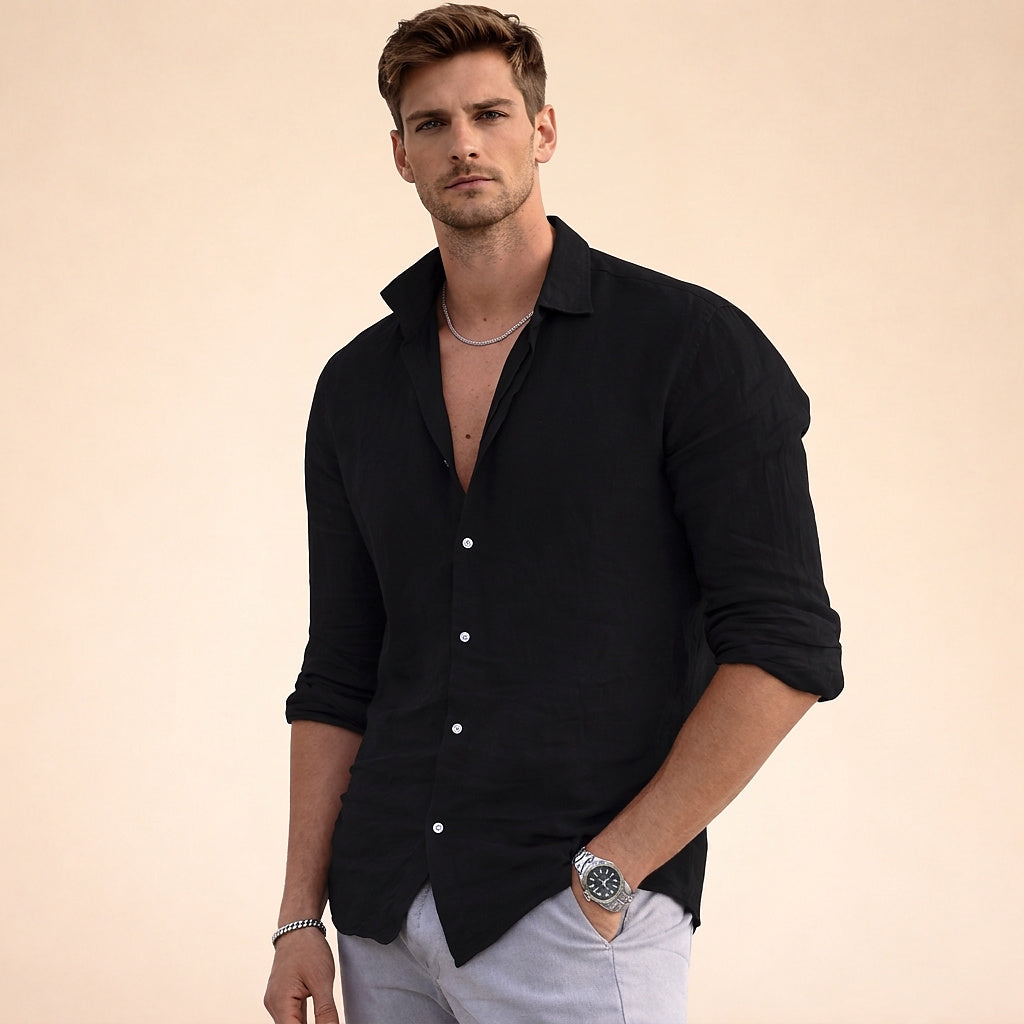 Herren-Leinenhemd mit Knopfleiste und Umlegekragen-Shirt for men-Alpenkind