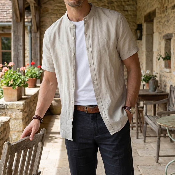 Herren-Leinenhemd mit Kurzarm und Stehkragen-Shirts for men-Alpenkind