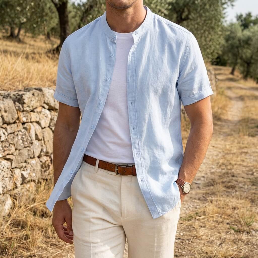 Herren-Leinenhemd mit Kurzarm und Stehkragen-Shirts for men-Alpenkind
