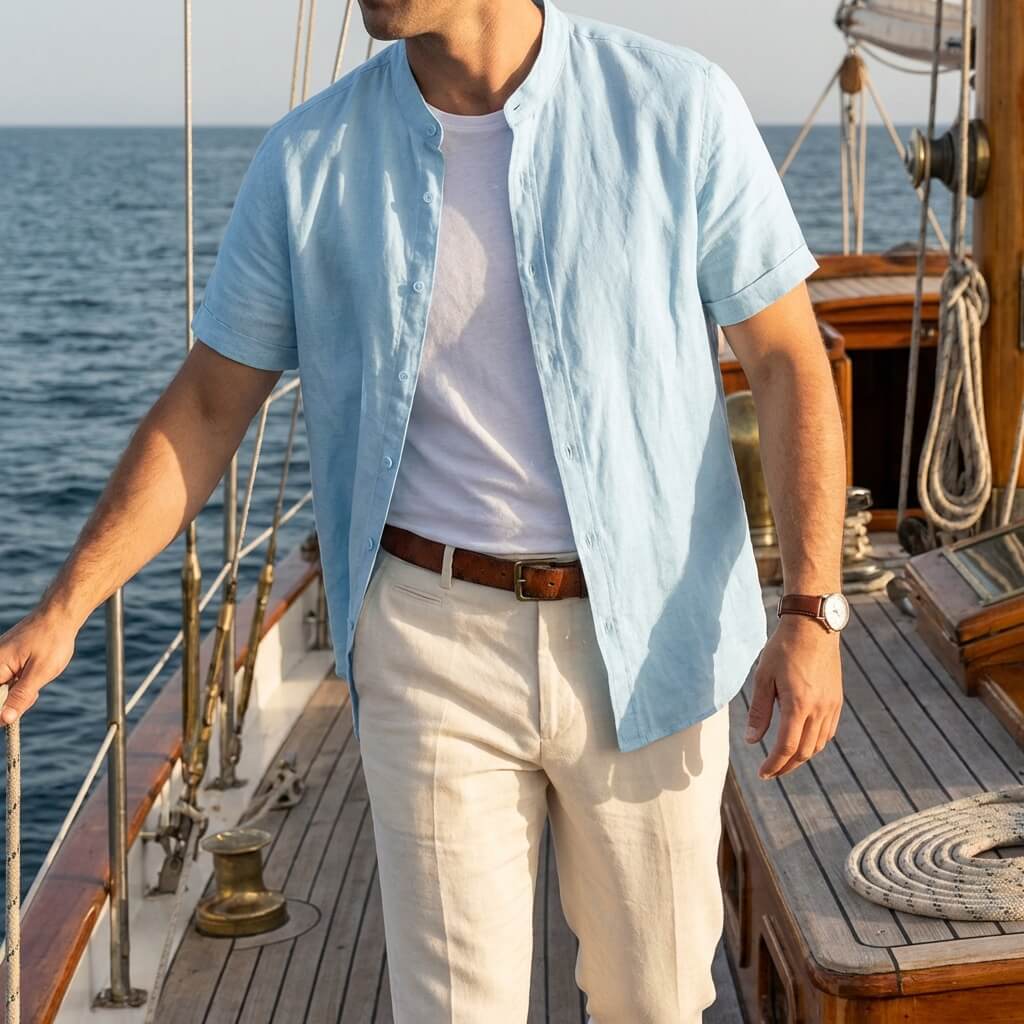 Herren-Leinenhemd mit Kurzarm und Stehkragen-Shirts for men-Alpenkind