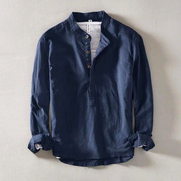 Herren-Leinenhemd mit Stehkragen-Shirts for men-Alpenkind